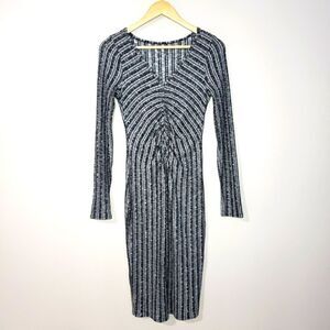Three Dots Small Grey Ribbed Long Sleeve V-neck Ruched Bodycon Dress